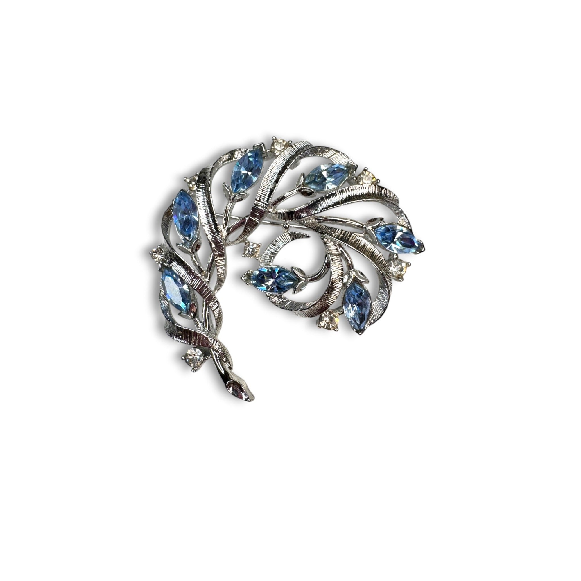 Lisner Blue Rhinestone Floral Brooch Earrings Set Silver Tone Mid Century