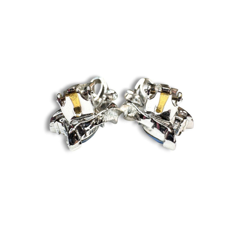 Lisner Blue Rhinestone Floral Brooch Earrings Set Silver Tone Mid Century