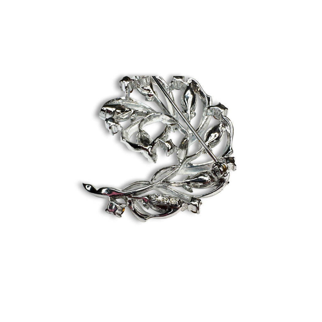 Lisner Blue Rhinestone Floral Brooch Earrings Set Silver Tone Mid Century
