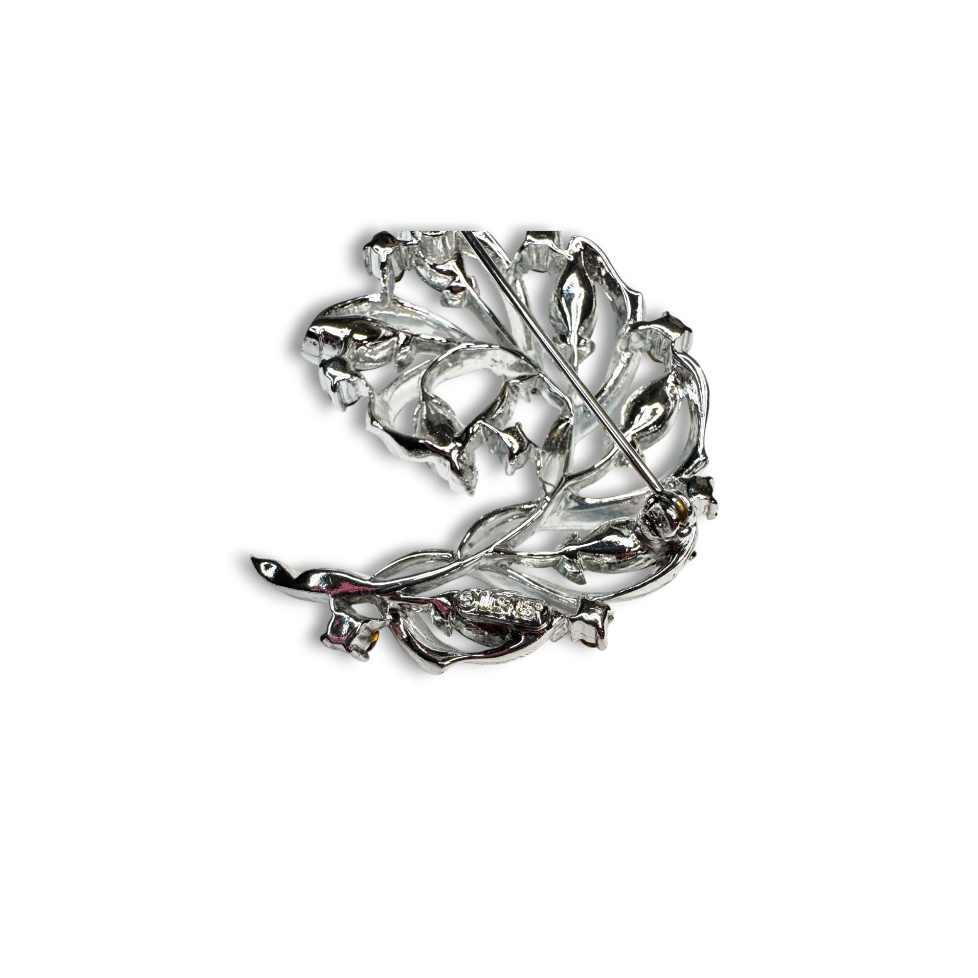 Lisner Blue Rhinestone Floral Brooch Earrings Set Silver Tone Mid Century