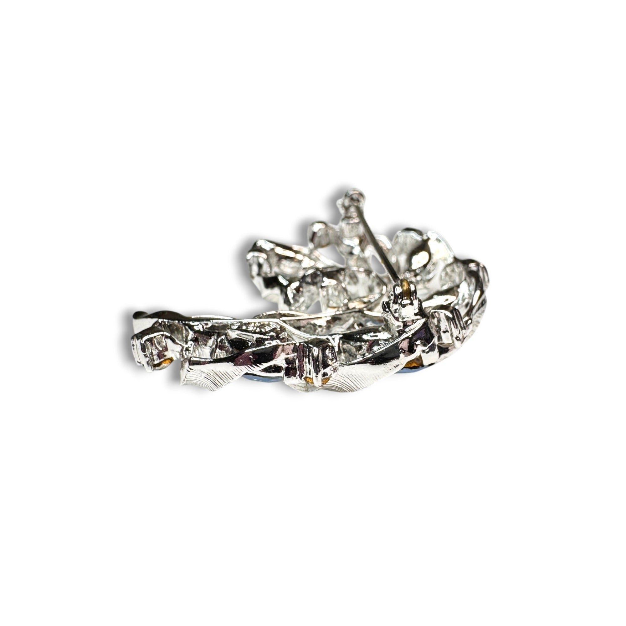 Lisner Blue Rhinestone Floral Brooch Earrings Set Silver Tone Mid Century