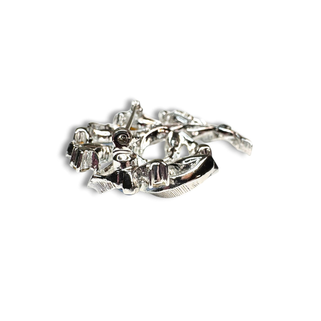 Lisner Blue Rhinestone Floral Brooch Earrings Set Silver Tone Mid Century