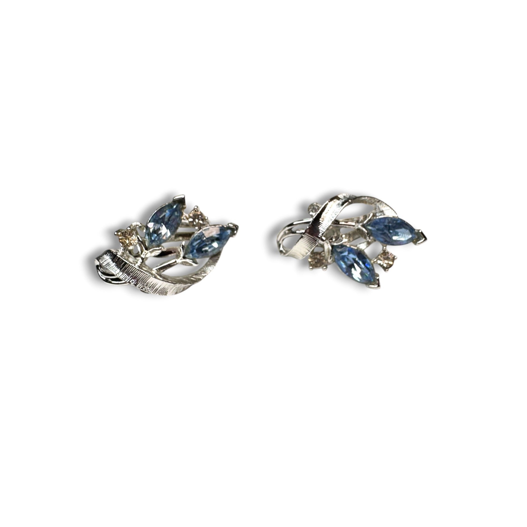 Lisner Blue Rhinestone Floral Brooch Earrings Set Silver Tone Mid Century