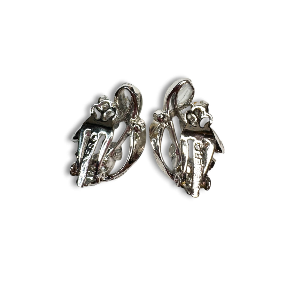 Lisner Blue Rhinestone Floral Brooch Earrings Set Silver Tone Mid Century