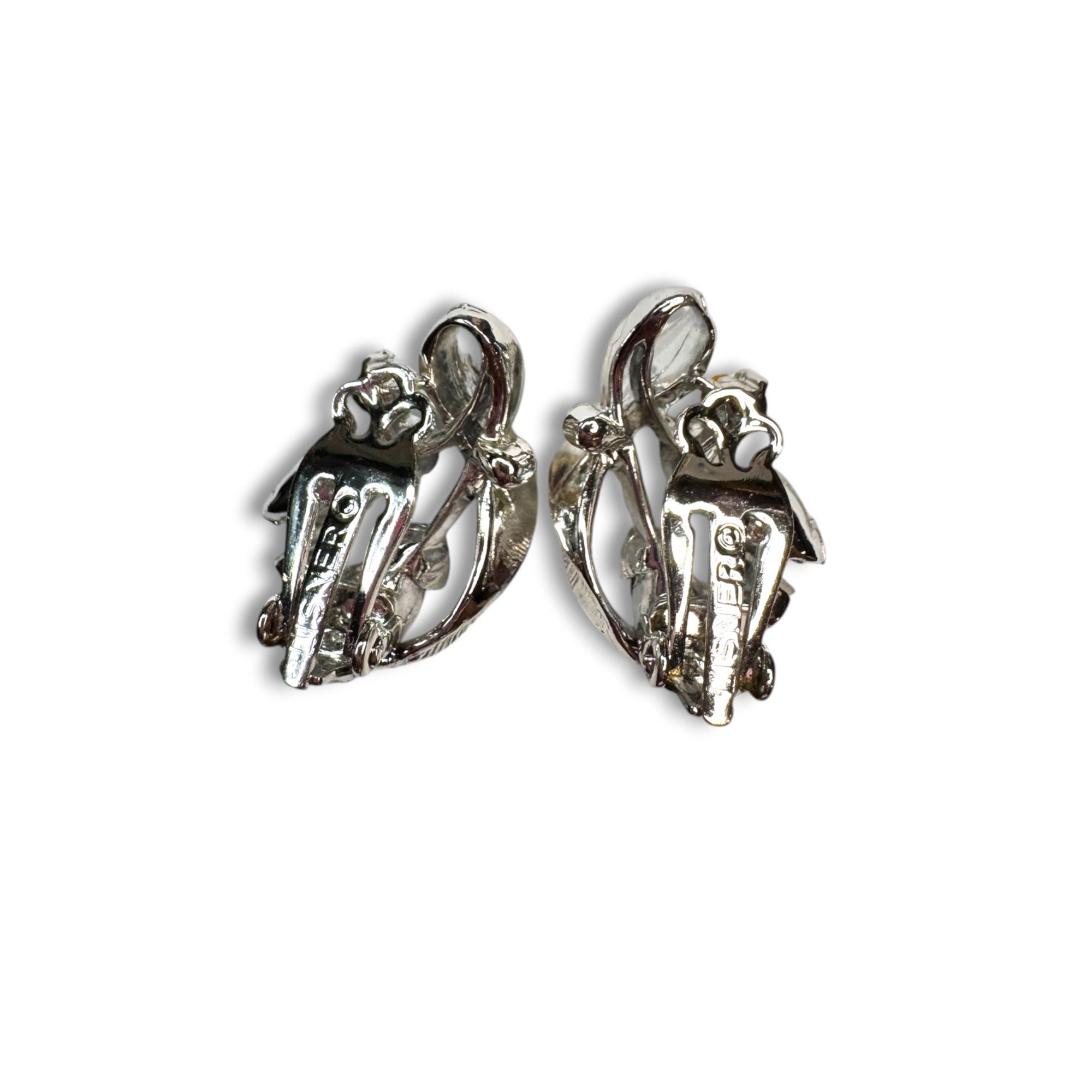 Lisner Blue Rhinestone Floral Brooch Earrings Set Silver Tone Mid Century
