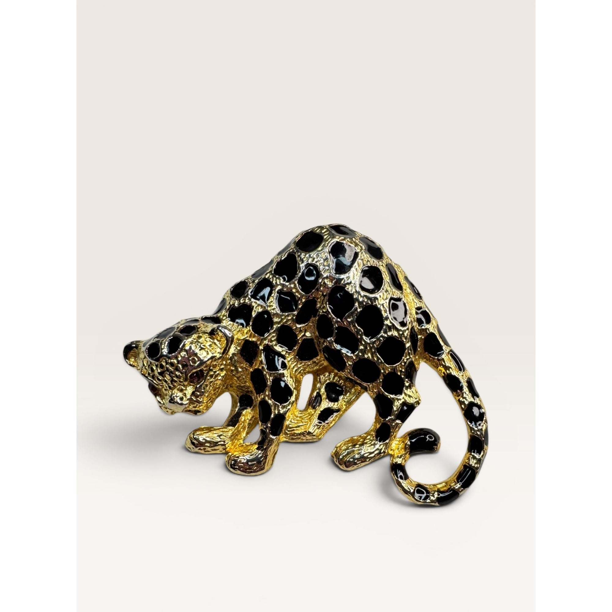 Park Lane 1980s Black Enamel Gold Tone Leopard Brooch Figural Vintage