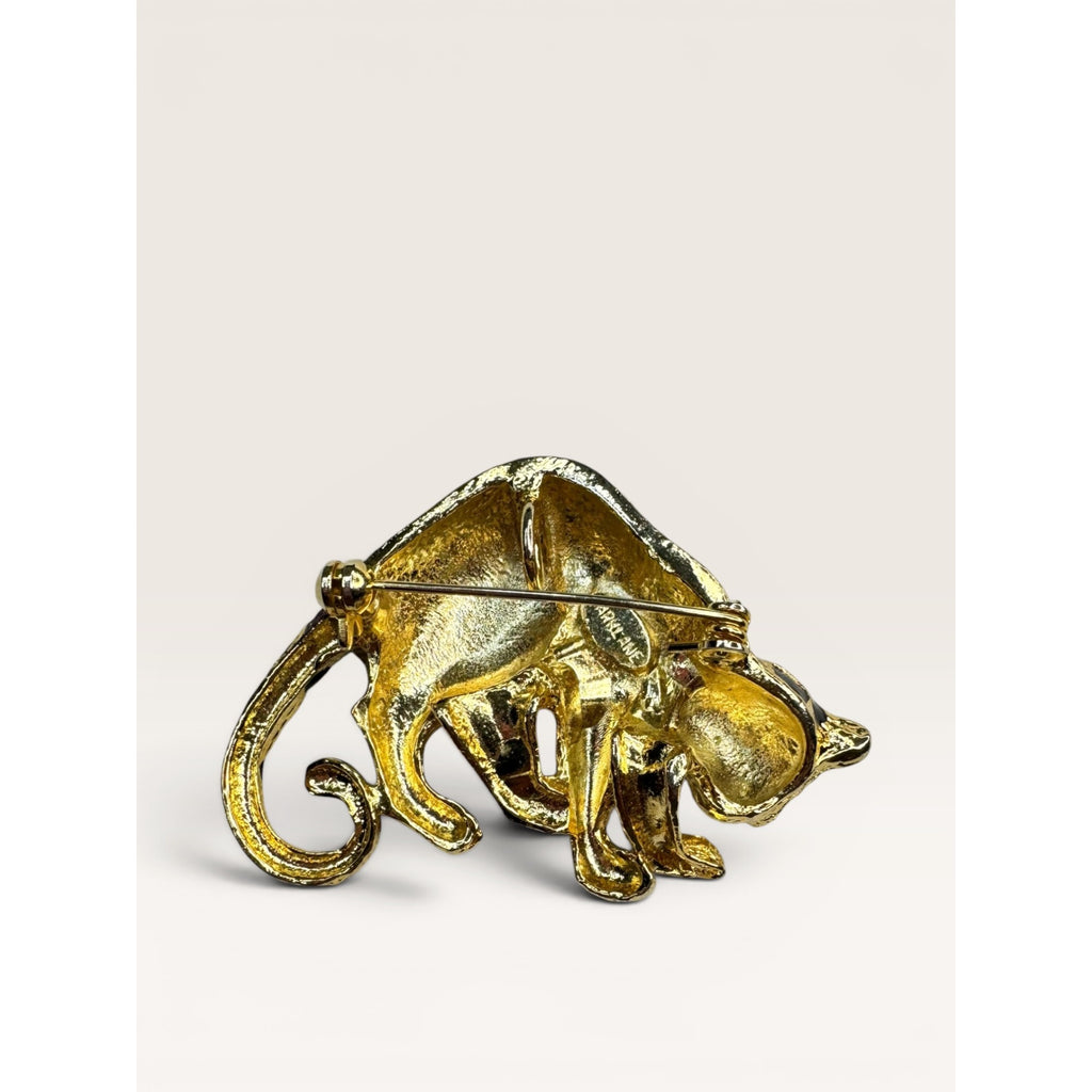 Park Lane 1980s Black Enamel Gold Tone Leopard Brooch Figural Vintage