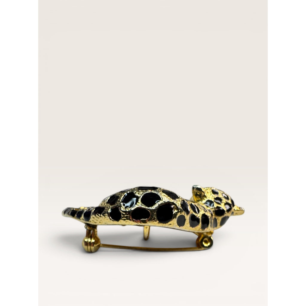 Park Lane 1980s Black Enamel Gold Tone Leopard Brooch Figural Vintage