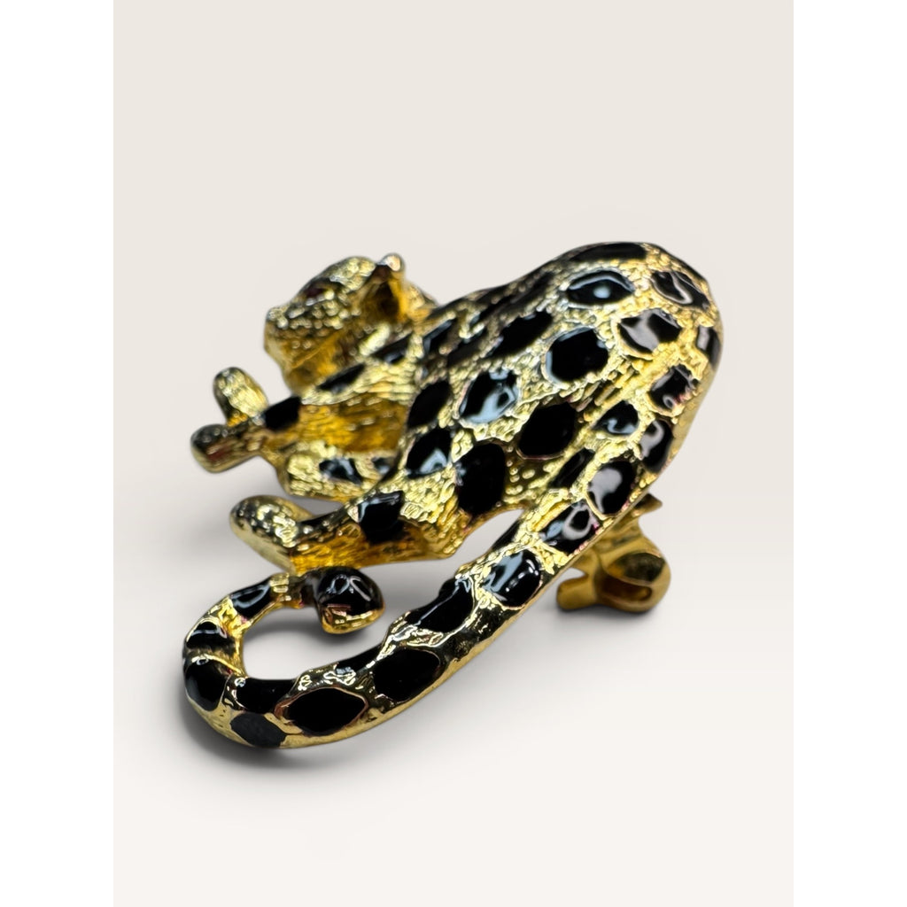 Park Lane 1980s Black Enamel Gold Tone Leopard Brooch Figural Vintage