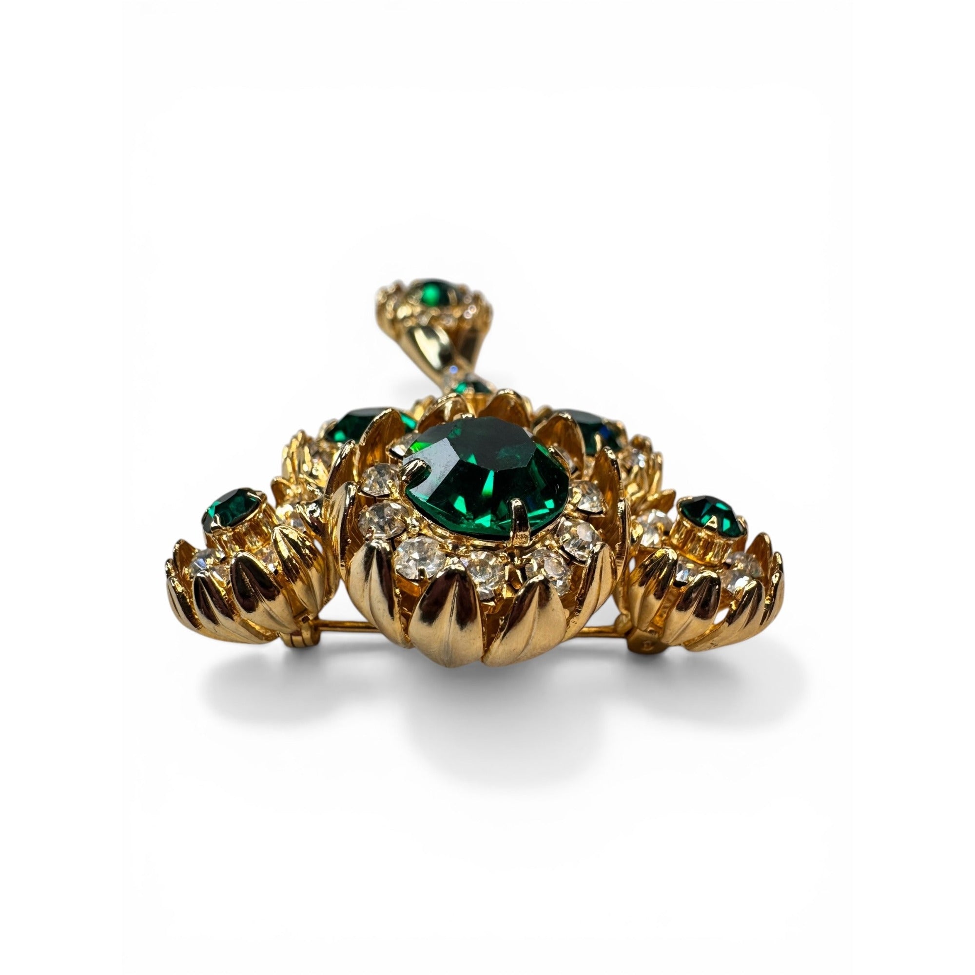 Kramer 1950s Green Crystal Rhinestone Brooch Clip On Earring Set Vintage Gold Tone
