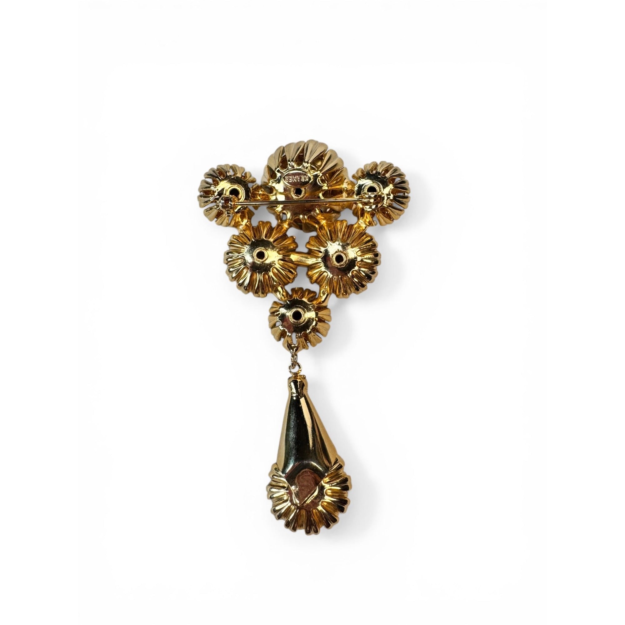 Kramer 1950s Green Crystal Rhinestone Brooch Clip On Earring Set Vintage Gold Tone