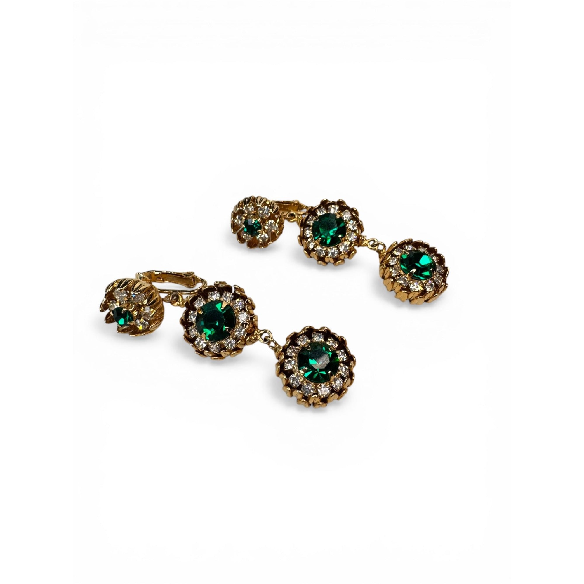 Kramer 1950s Green Crystal Rhinestone Brooch Clip On Earring Set Vintage Gold Tone