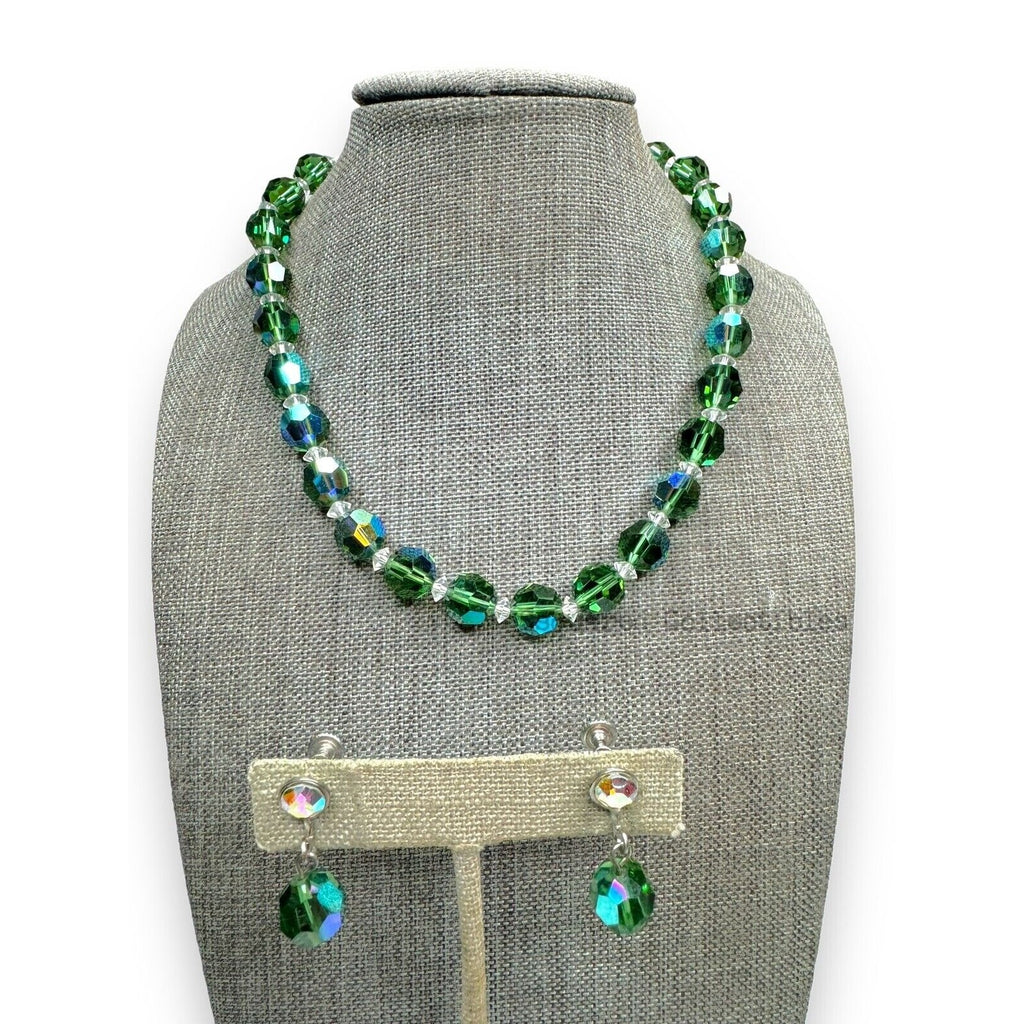 Vintage Green Aurora Borealis Crystal Necklace Screwback Earrings Set Silver Tone