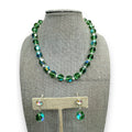 Vintage Green Aurora Borealis Crystal Necklace Screwback Earrings Set Silver Tone