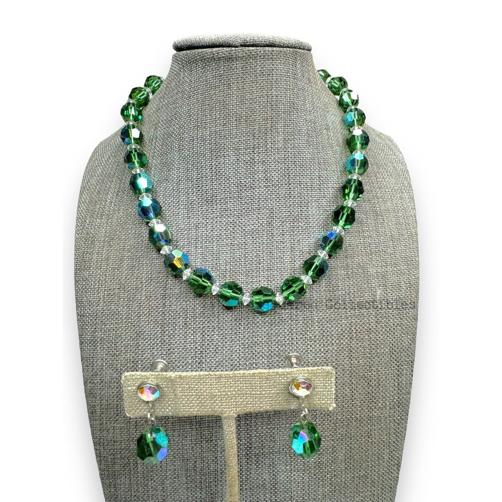 Vintage Green Aurora Borealis Crystal Necklace Screwback Earrings Set Silver Tone
