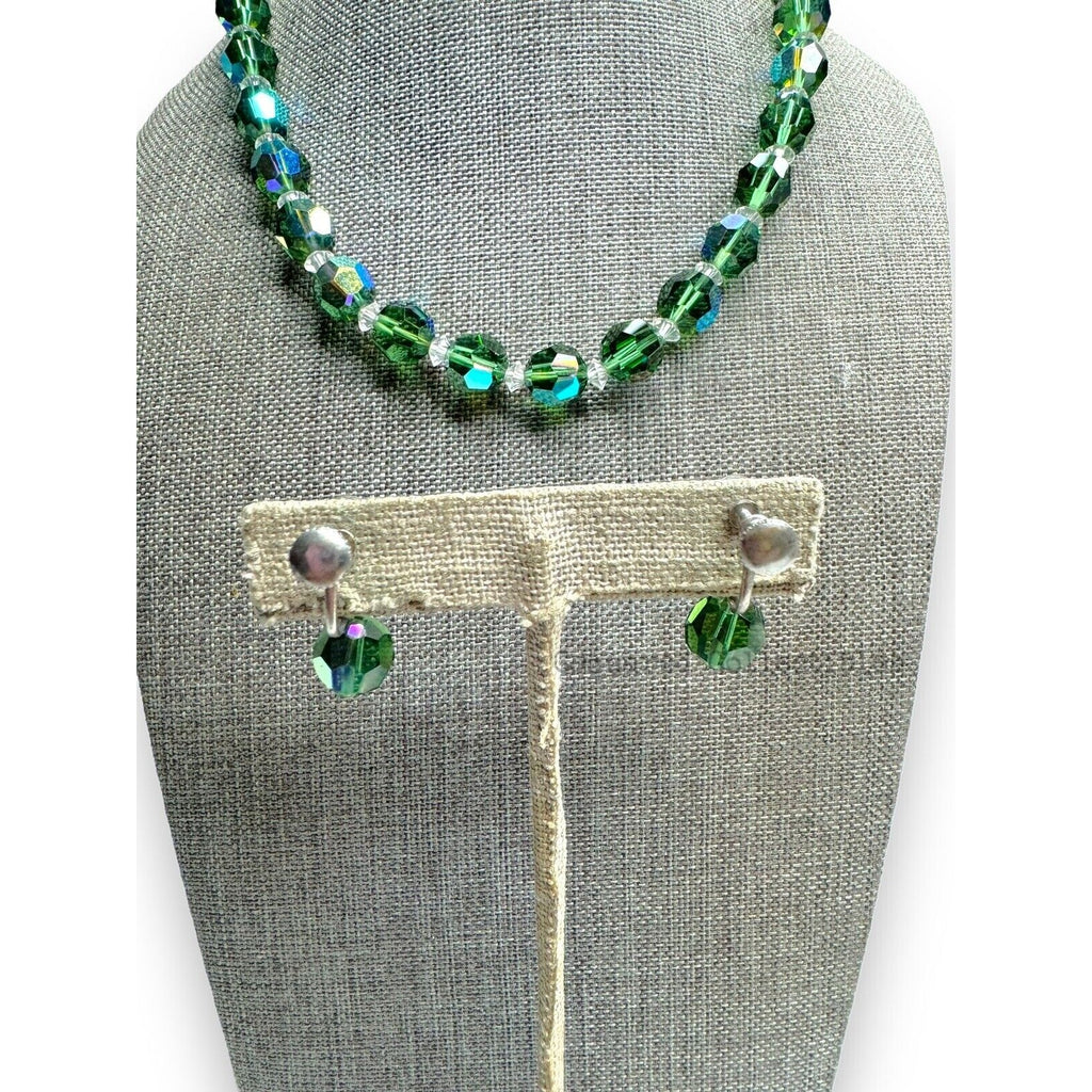Vintage Green Aurora Borealis Crystal Necklace Screwback Earrings Set Silver Tone