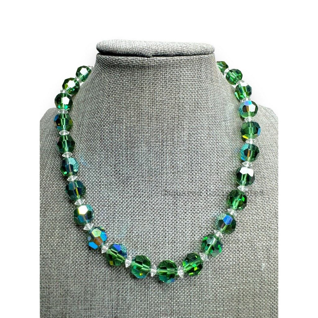 Vintage Green Aurora Borealis Crystal Necklace Screwback Earrings Set Silver Tone