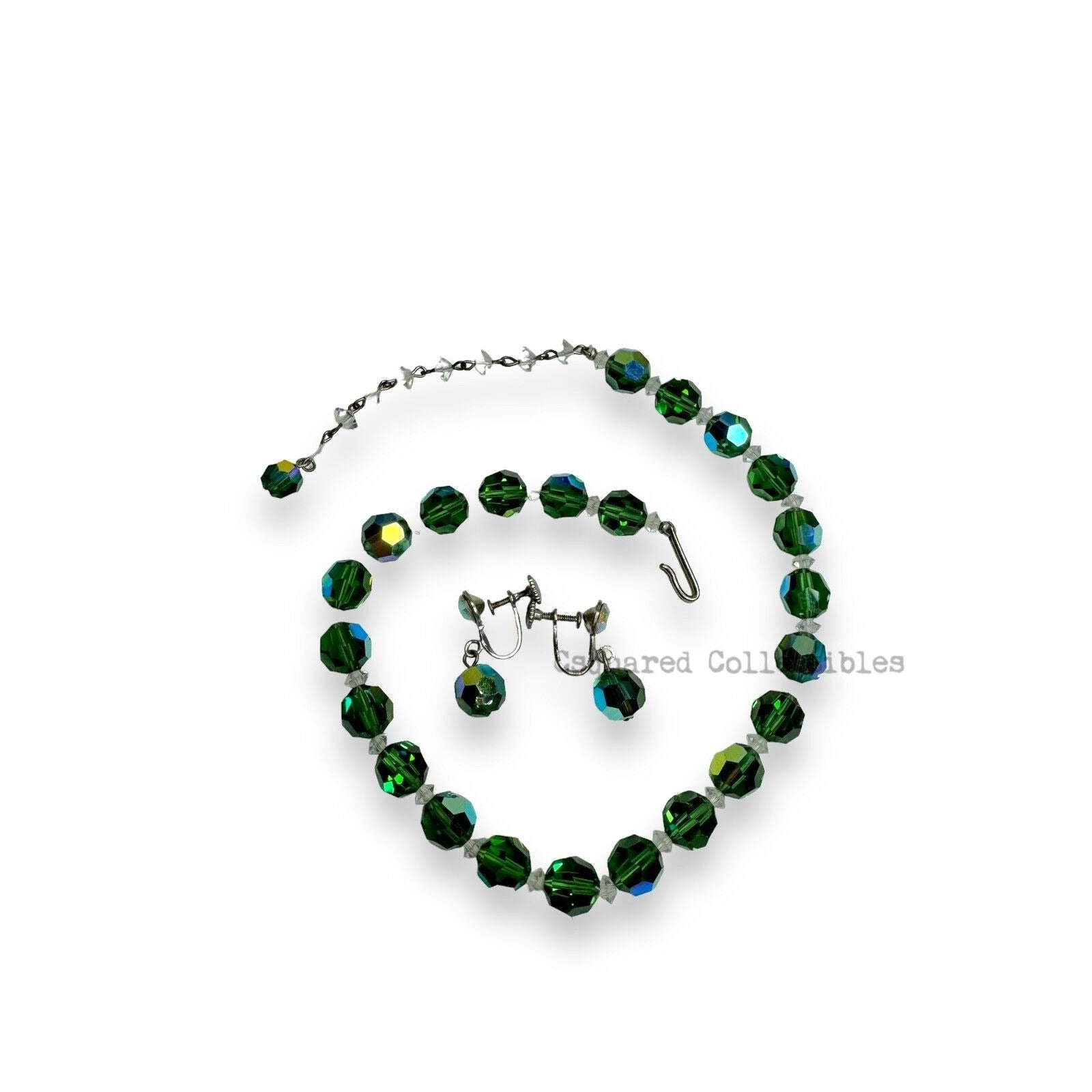 Vintage Green Aurora Borealis Crystal Necklace Screwback Earrings Set Silver Tone
