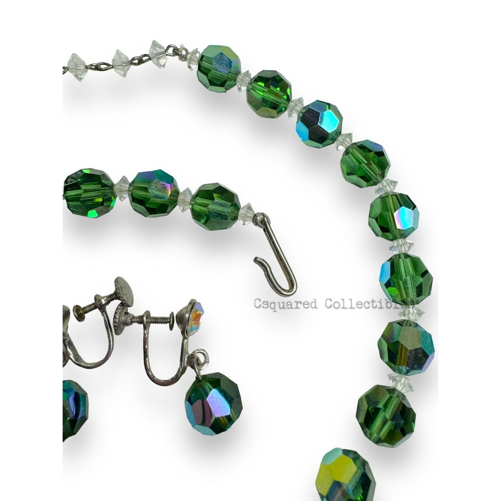 Vintage Green Aurora Borealis Crystal Necklace Screwback Earrings Set Silver Tone