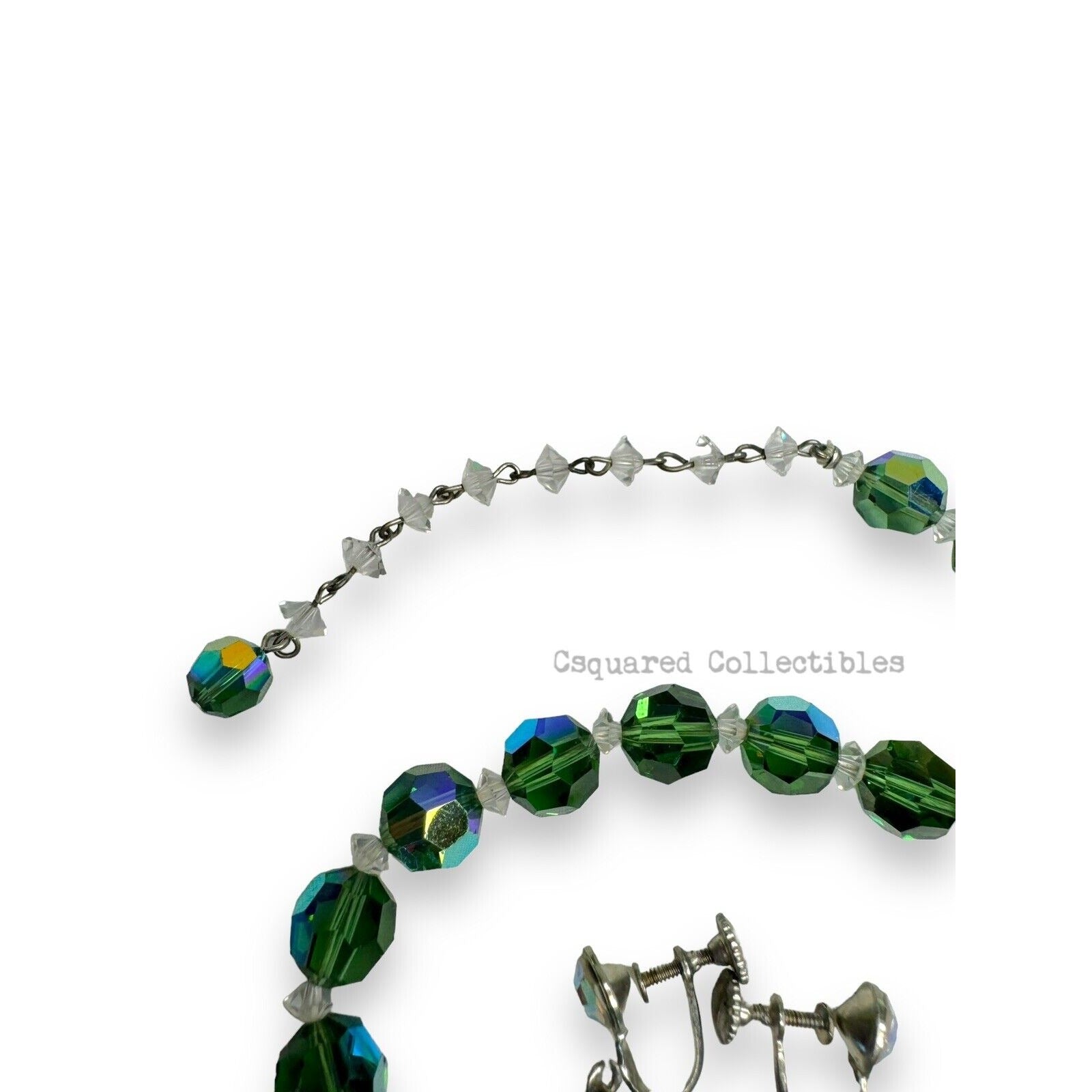 Vintage Green Aurora Borealis Crystal Necklace Screwback Earrings Set Silver Tone
