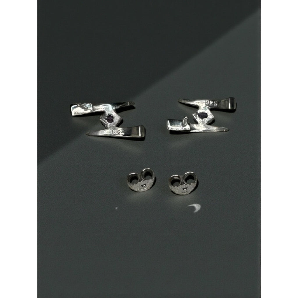 Sterling Silver Amethyst Geometric Stud Earrings Modernist Y2K Vintage 925