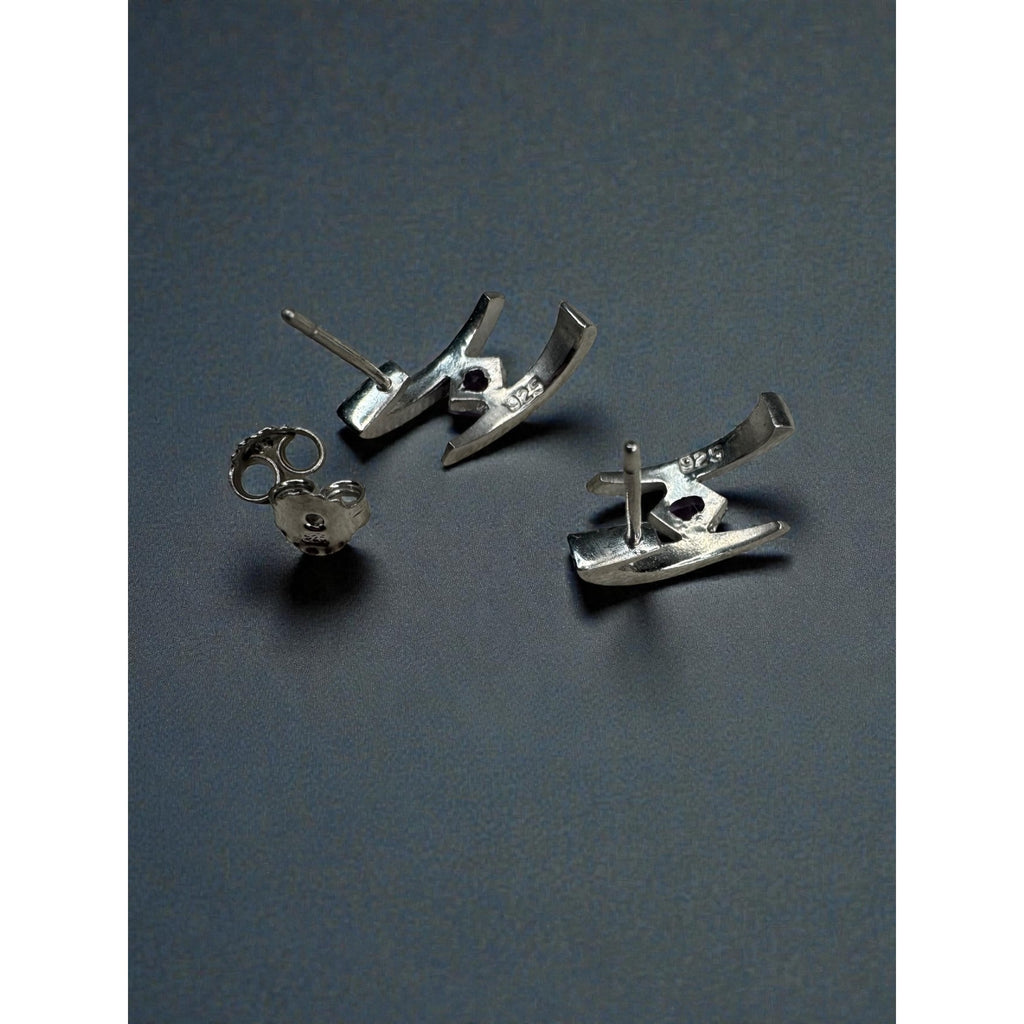 Sterling Silver Amethyst Geometric Stud Earrings Modernist Y2K Vintage 925