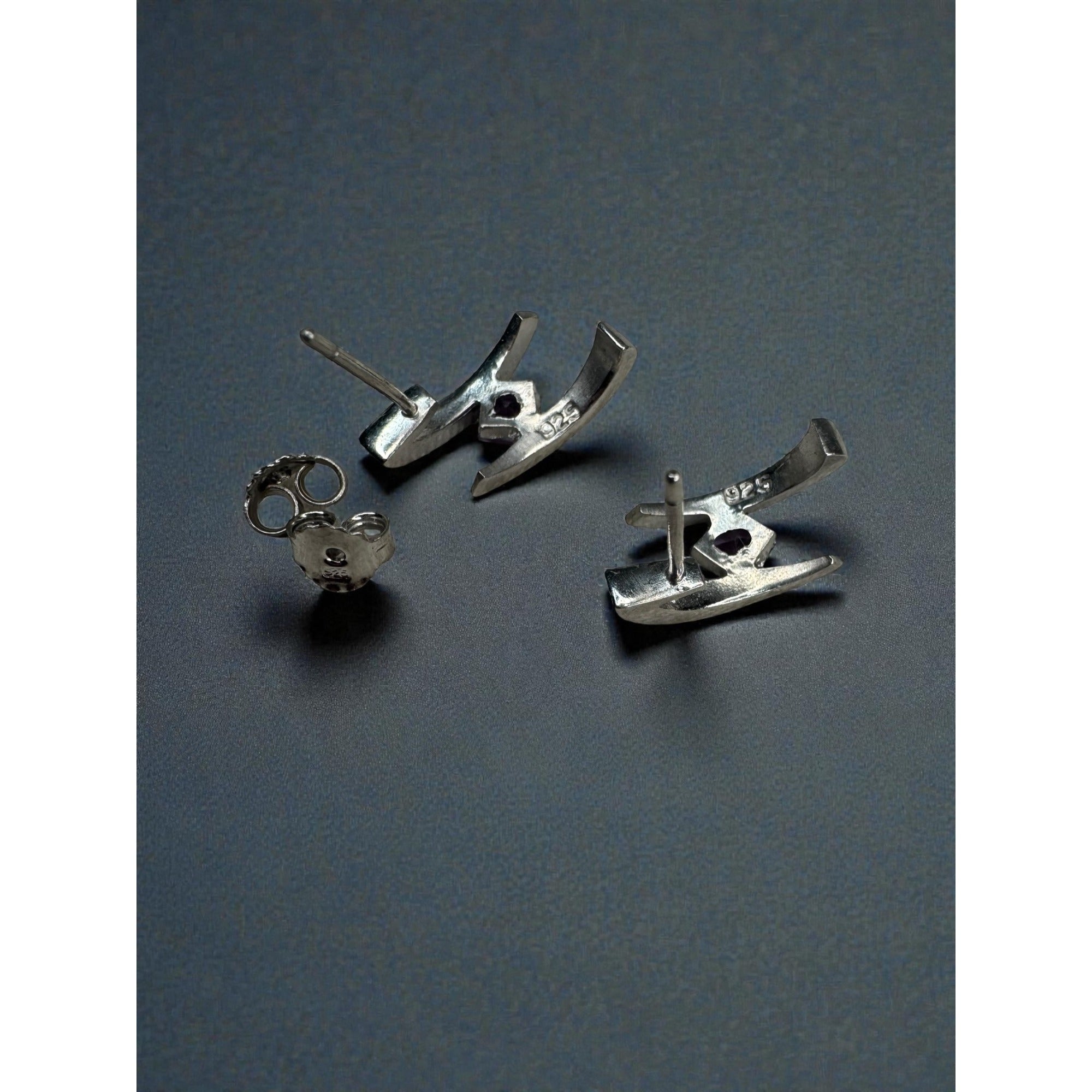 Sterling Silver Amethyst Geometric Stud Earrings Modernist Y2K Vintage 925