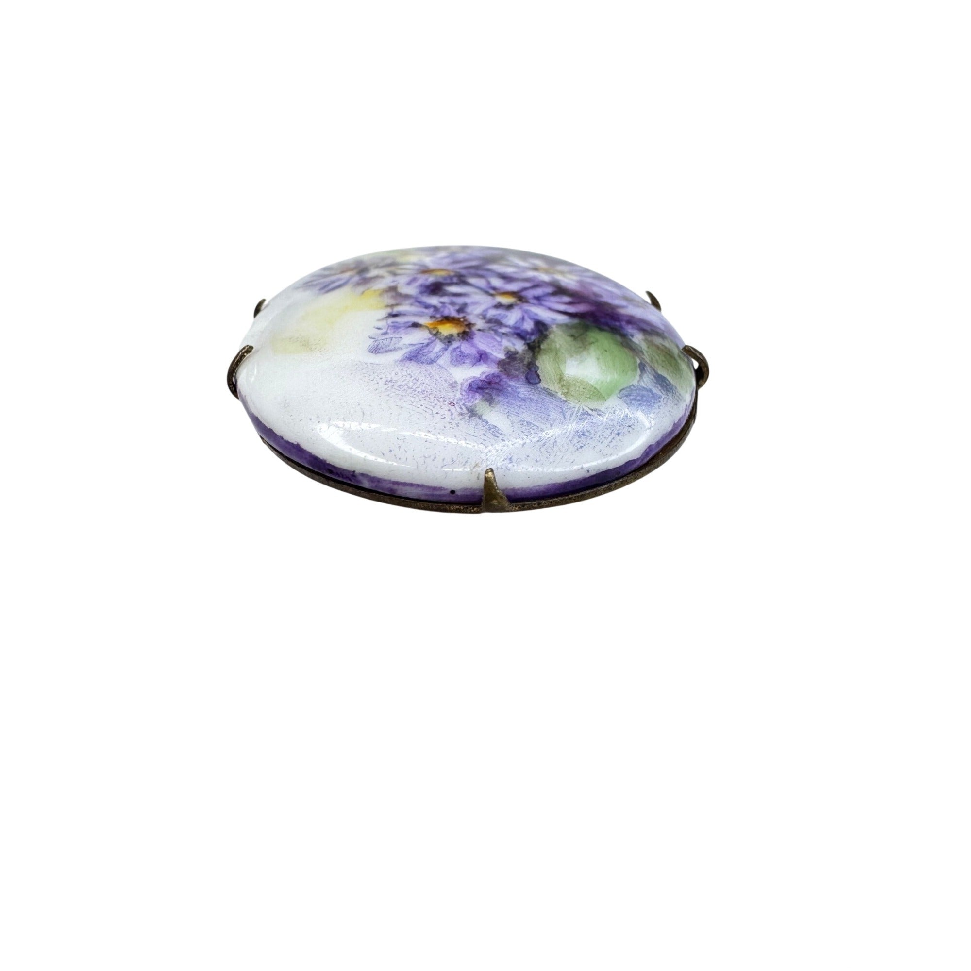 Hand Painted Porcelain Purple Aster Floral Brooch Brass Victorian 1890s Antique