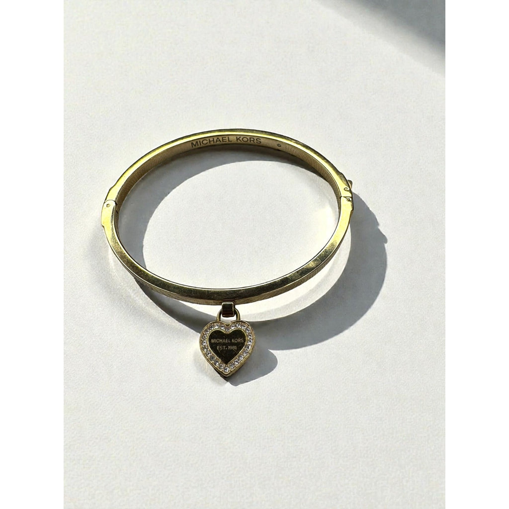 Michael Kors Heart Charm Crystal Accent Gold Tone Steel Bangle Bracelet