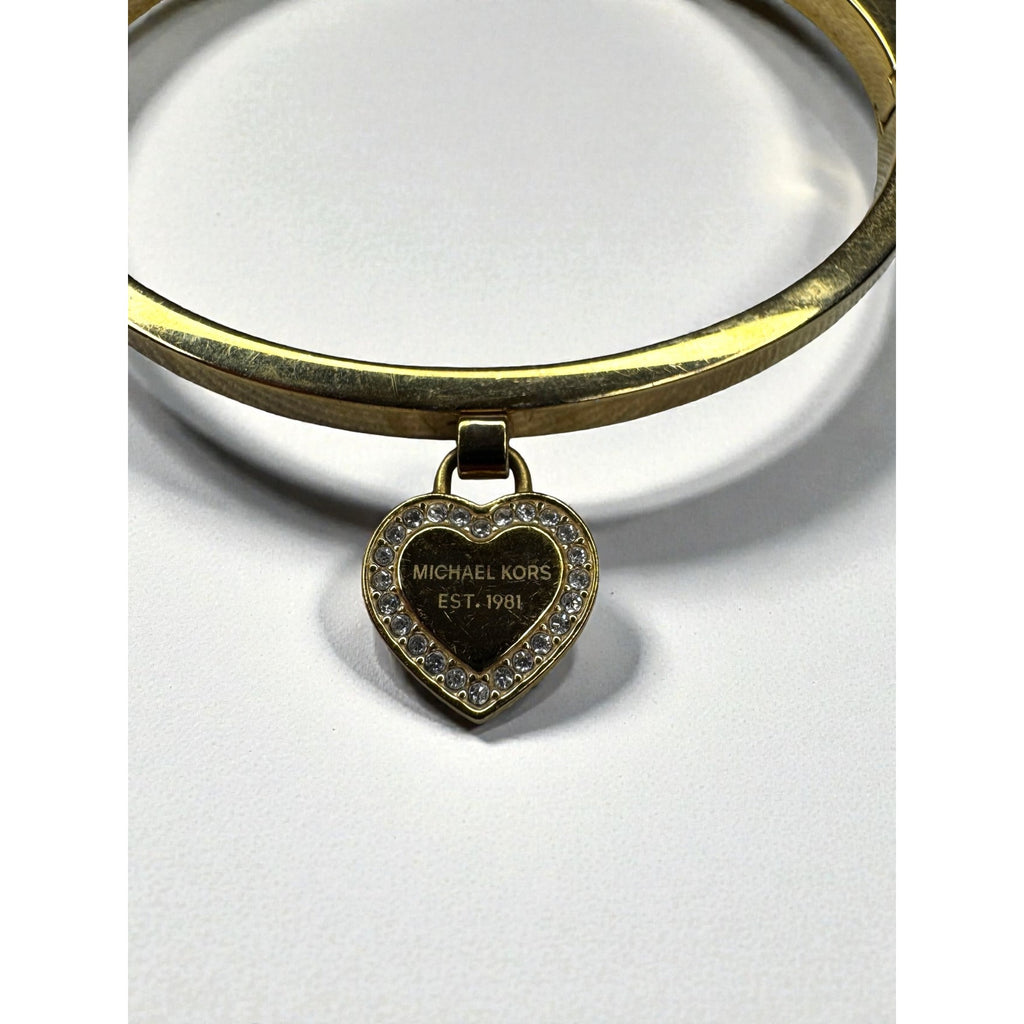 Michael Kors Heart Charm Crystal Accent Gold Tone Steel Bangle Bracelet