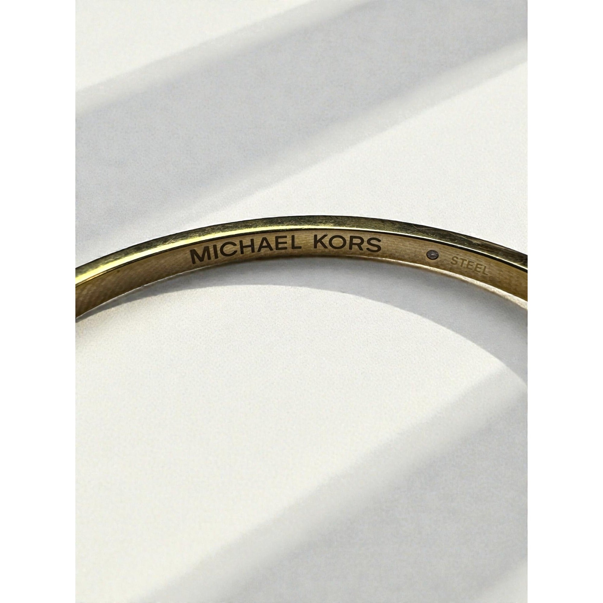 Michael Kors Heart Charm Crystal Accent Gold Tone Steel Bangle Bracelet