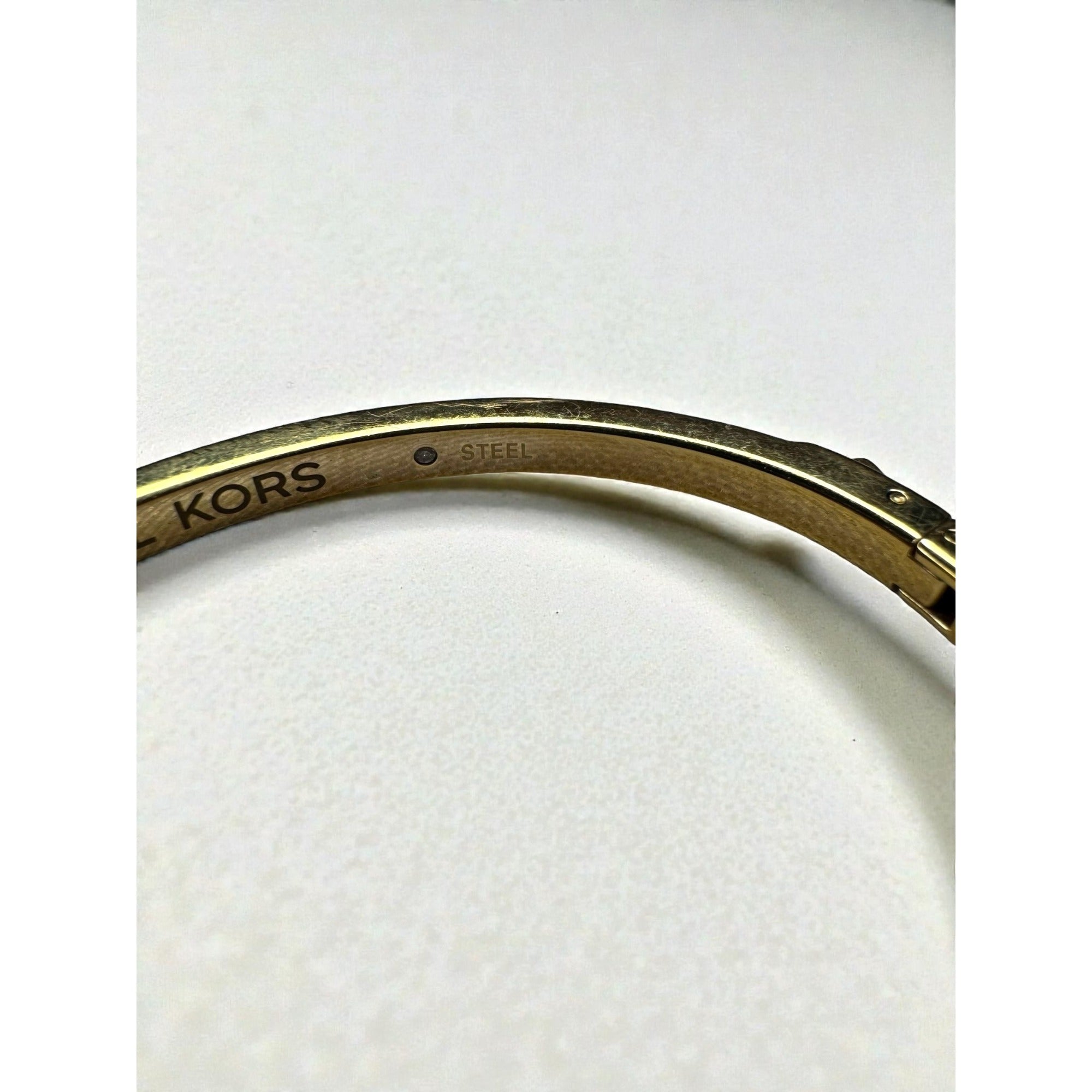 Michael Kors Heart Charm Crystal Accent Gold Tone Steel Bangle Bracelet