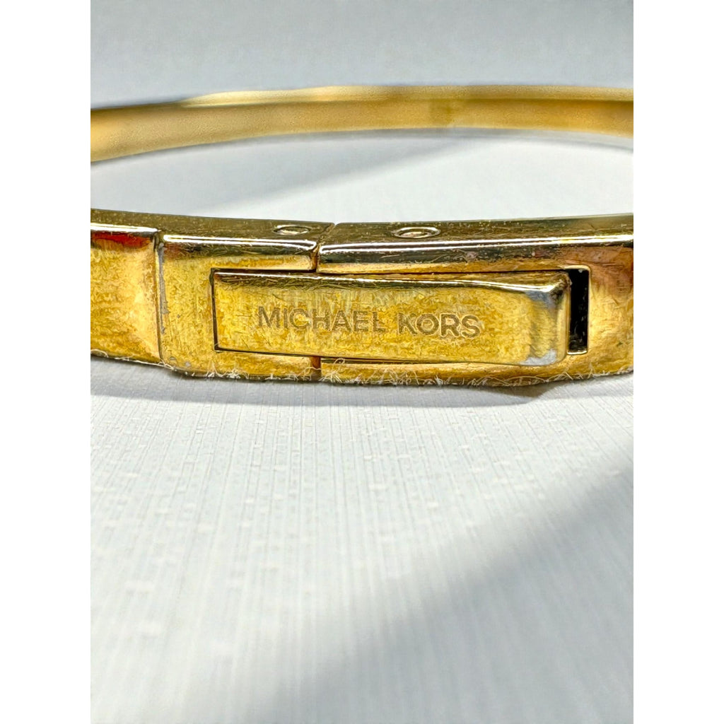 Michael Kors Heart Charm Crystal Accent Gold Tone Steel Bangle Bracelet