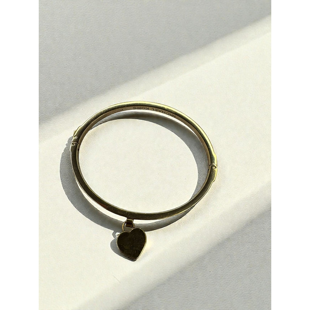 Michael Kors Heart Charm Crystal Accent Gold Tone Steel Bangle Bracelet