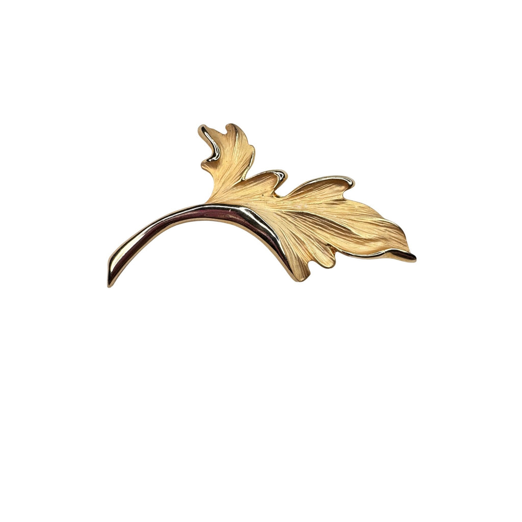 Unsigned Gold Tone Leaf Spray Brooch Textured Botanical Design 1970s Vintage