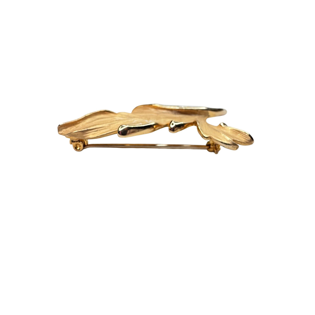 Unsigned Gold Tone Leaf Spray Brooch Textured Botanical Design 1970s Vintage