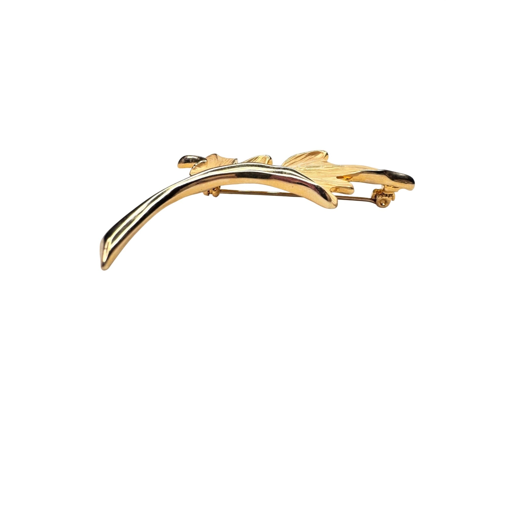 Unsigned Gold Tone Leaf Spray Brooch Textured Botanical Design 1970s Vintage