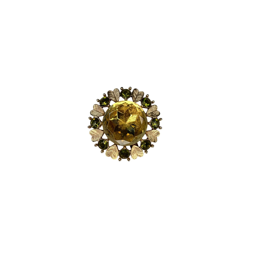 Avon Green Rhinestone Brooch Pendant Gold Tone Glass Cabochon Leaf 1970s Vintage