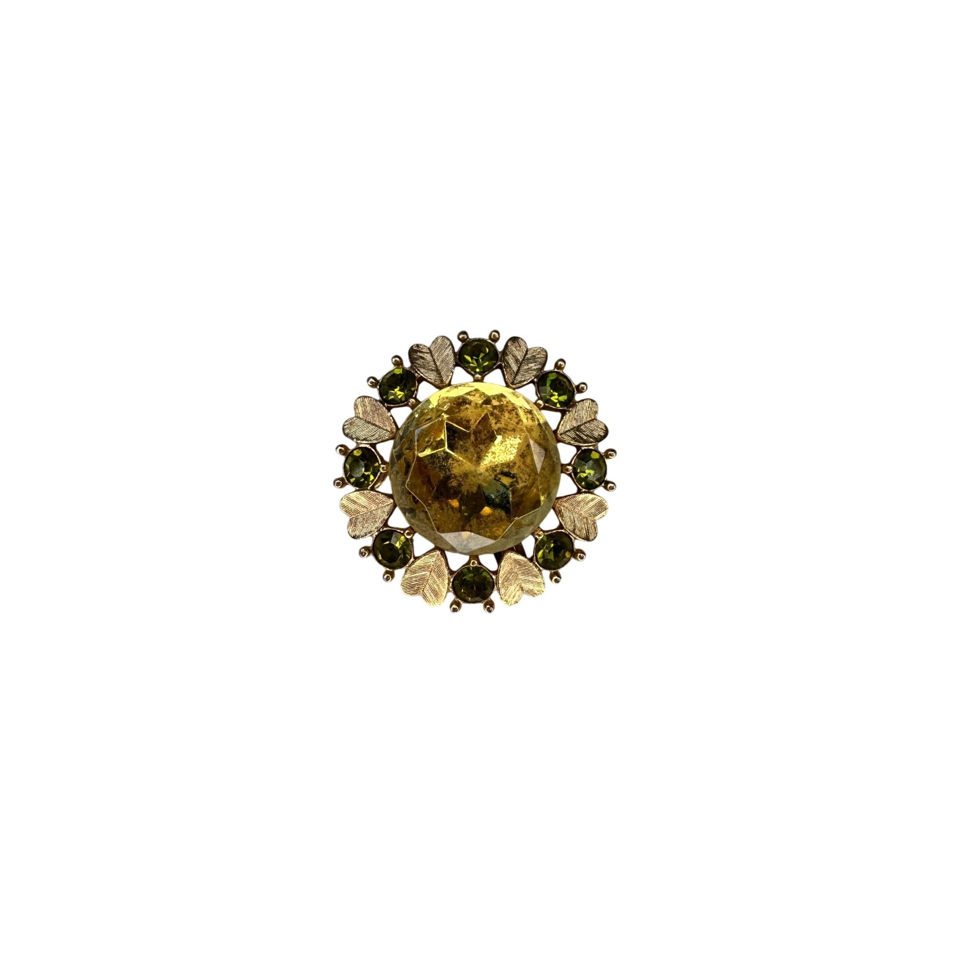 Avon Green Rhinestone Brooch Pendant Gold Tone Glass Cabochon Leaf 1970s Vintage