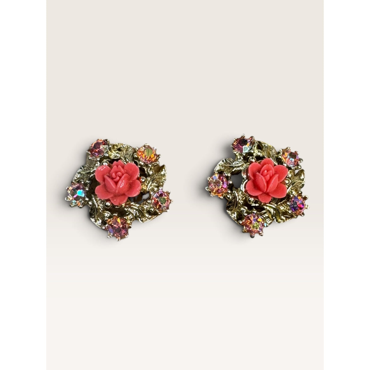 1950s Coral Resin Rose Pink AB Rhinestone Leaf Floral Clip Earrings .94" Vintage