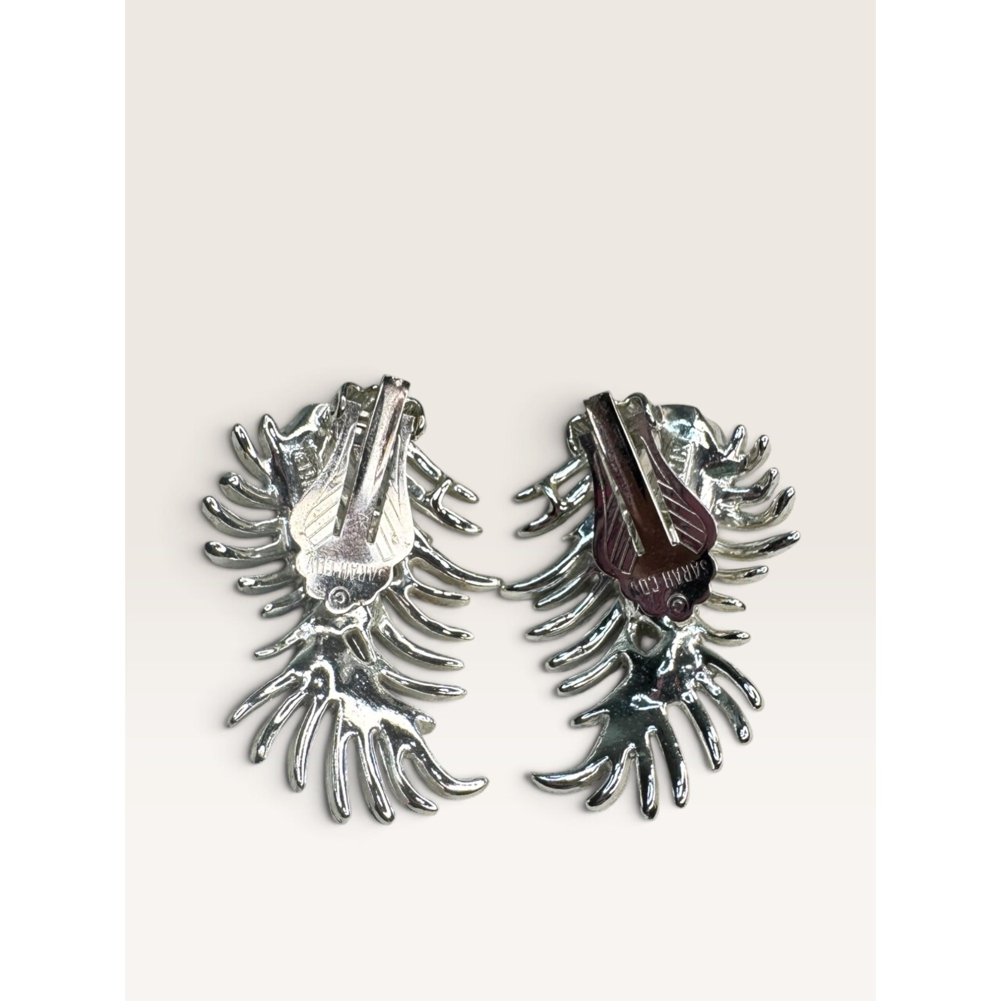 1966 Sarah Coventry Granada Grey Faux Pearl Leaf Clip On Earrings 1.54" Vintage