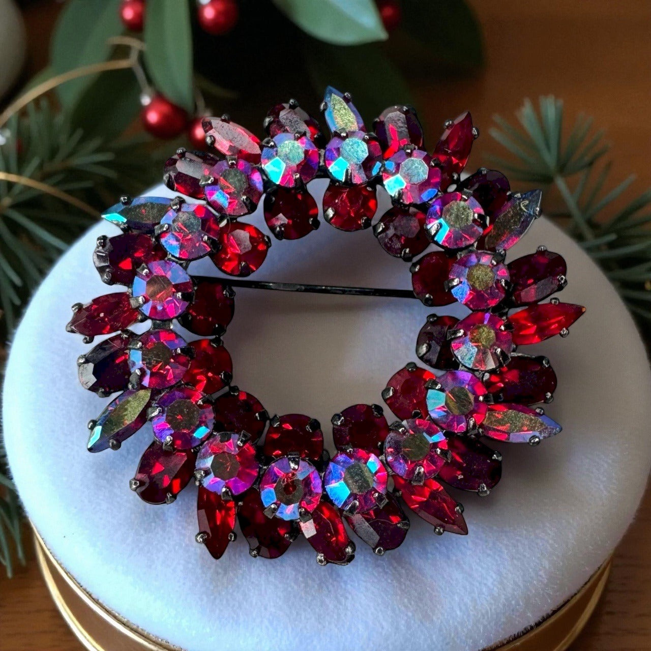 Sherman Signed Red AB Rhinestone Wreath Brooch 1.62" Japanned Holiday Vintage