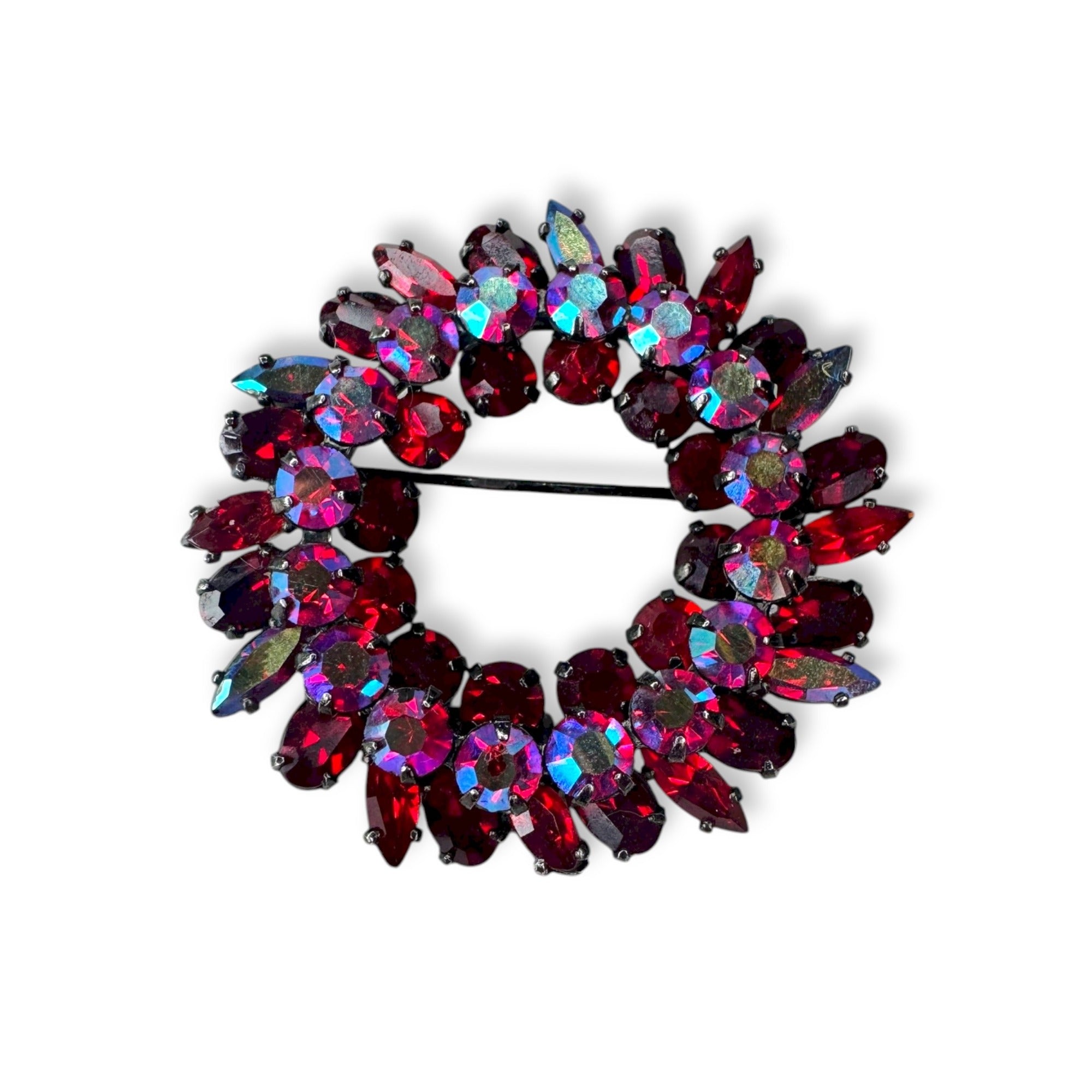 Sherman Signed Red AB Rhinestone Wreath Brooch 1.62" Japanned Holiday Vintage