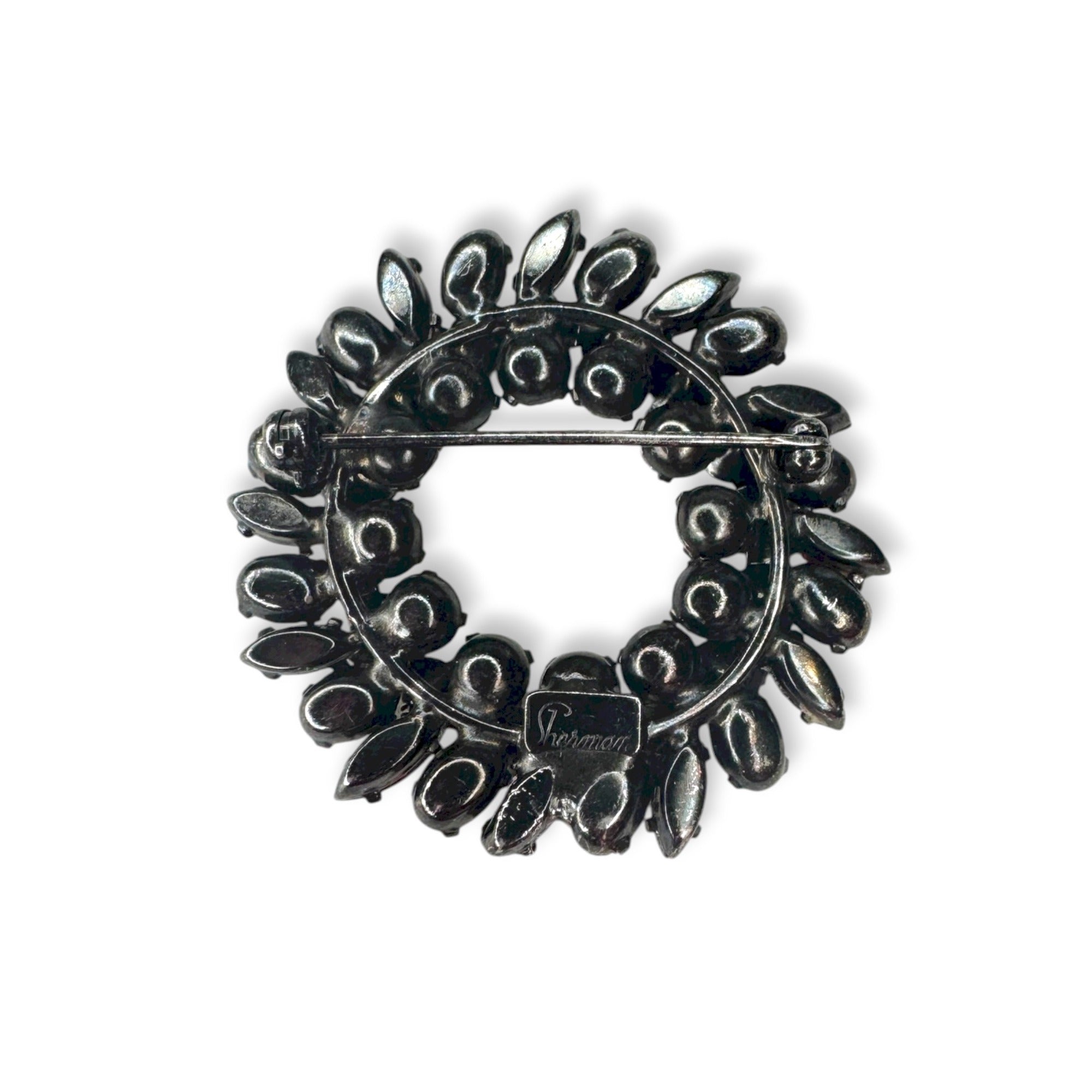 Sherman Signed Red AB Rhinestone Wreath Brooch 1.62" Japanned Holiday Vintage