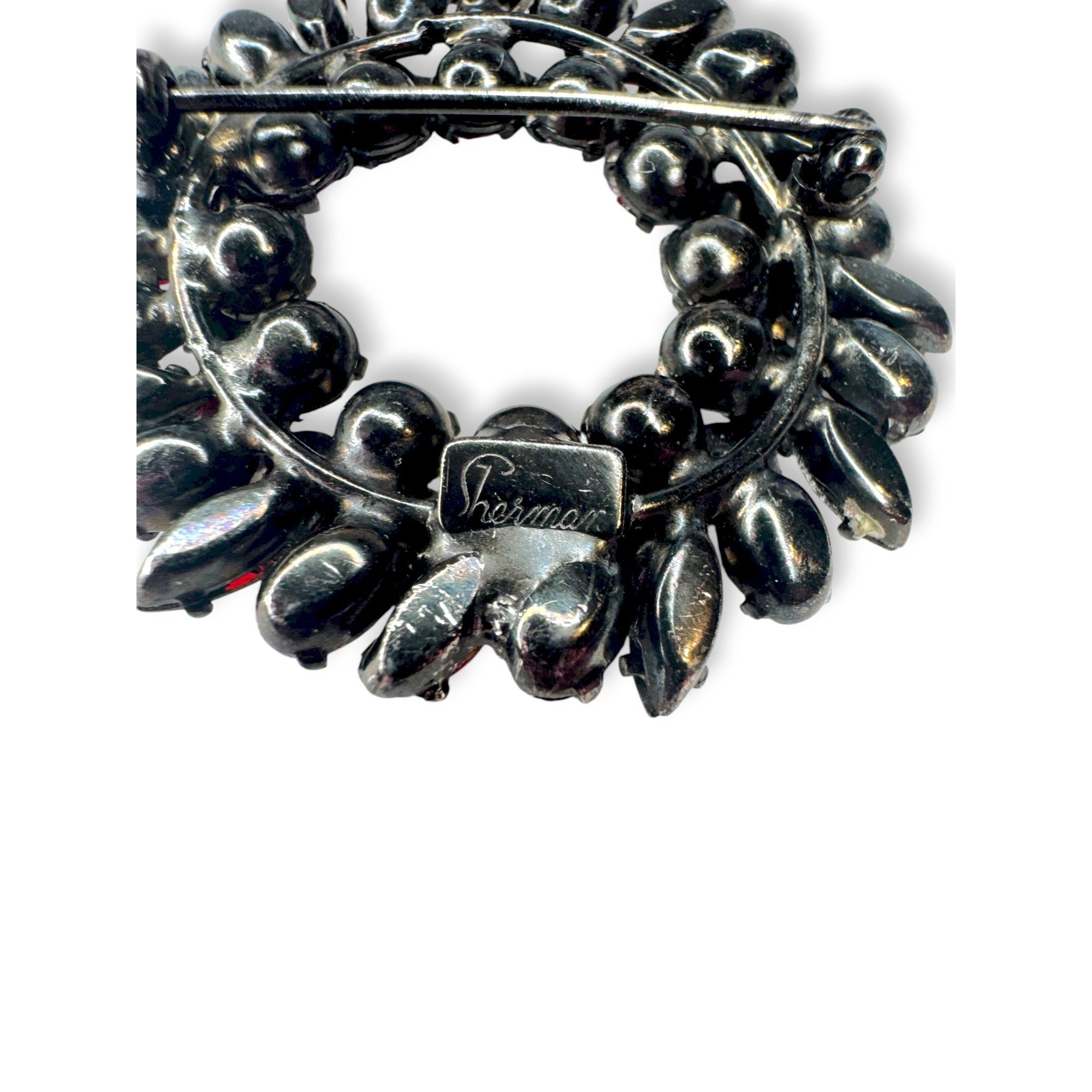 Sherman Signed Red AB Rhinestone Wreath Brooch 1.62" Japanned Holiday Vintage