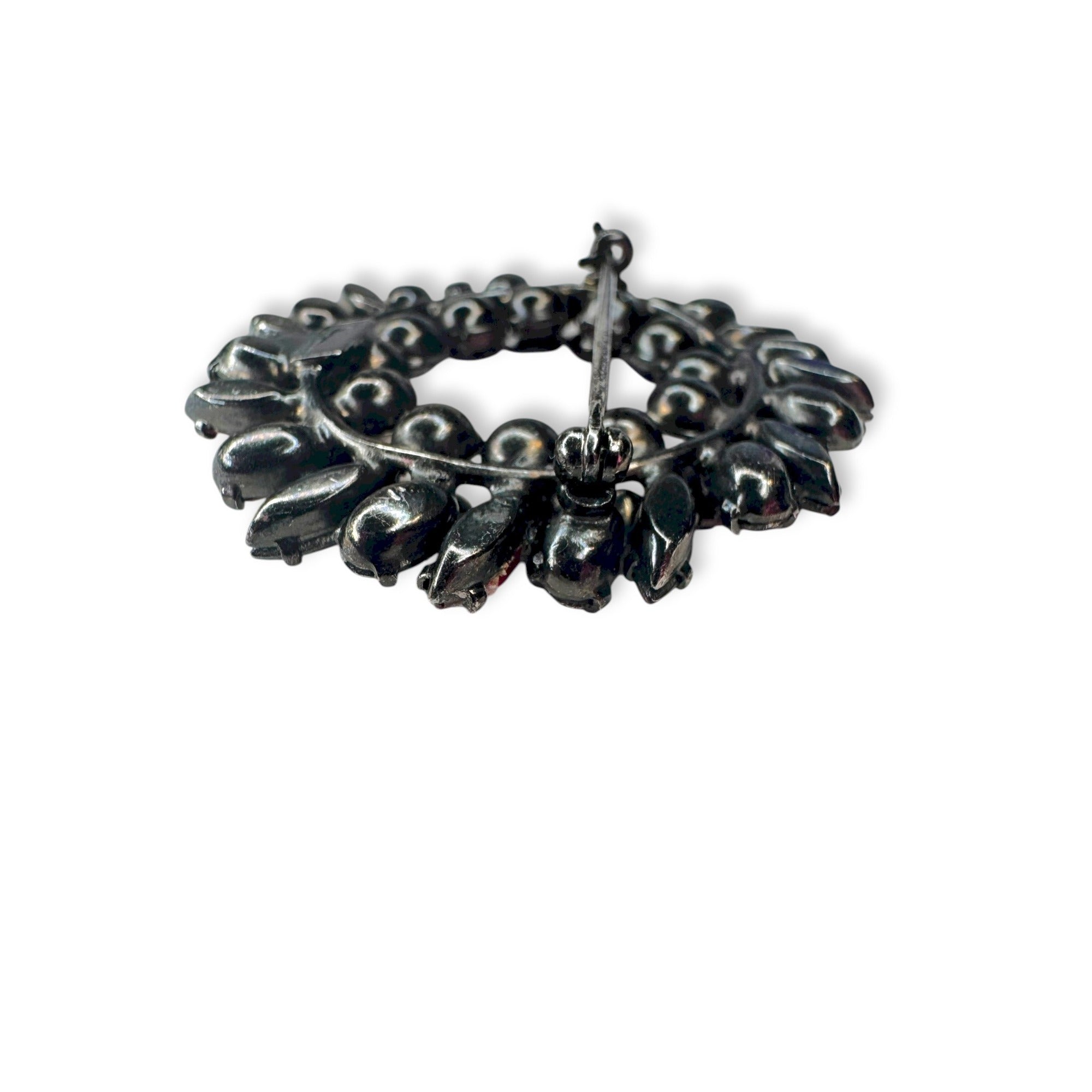 Sherman Signed Red AB Rhinestone Wreath Brooch 1.62" Japanned Holiday Vintage