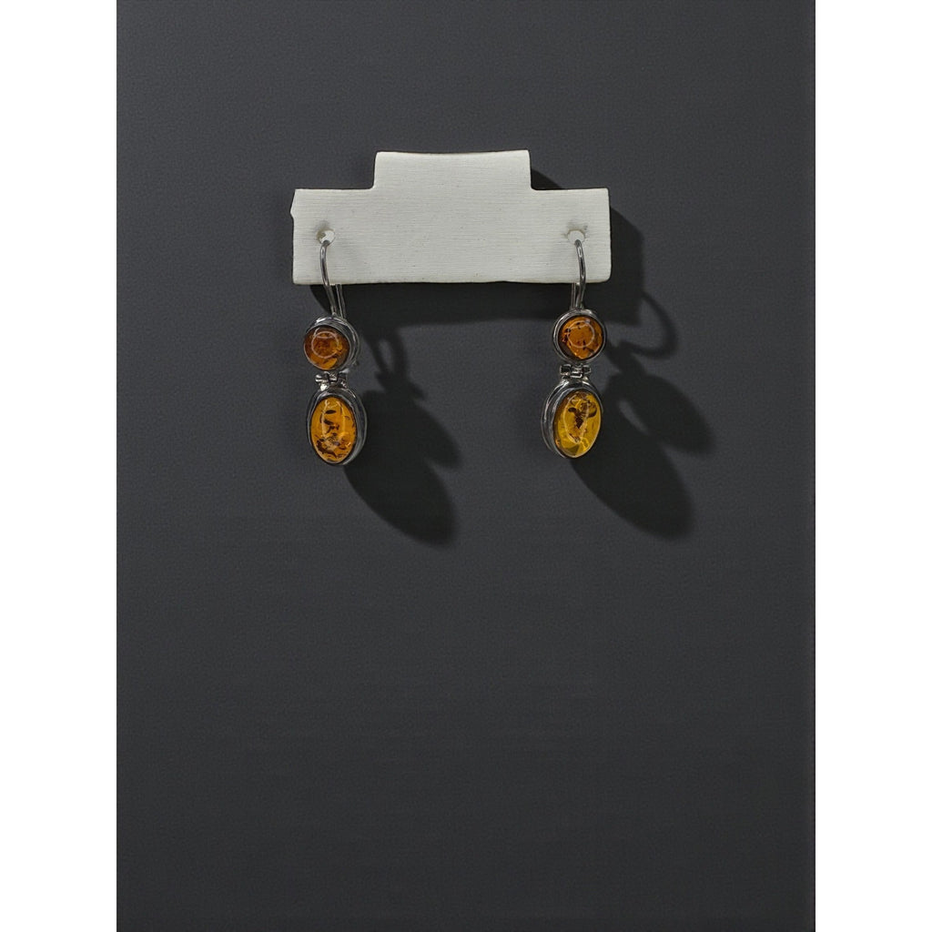 Sterling Silver Amber Double Drop Earrings Modernist Dangle Vintage Y2K 925