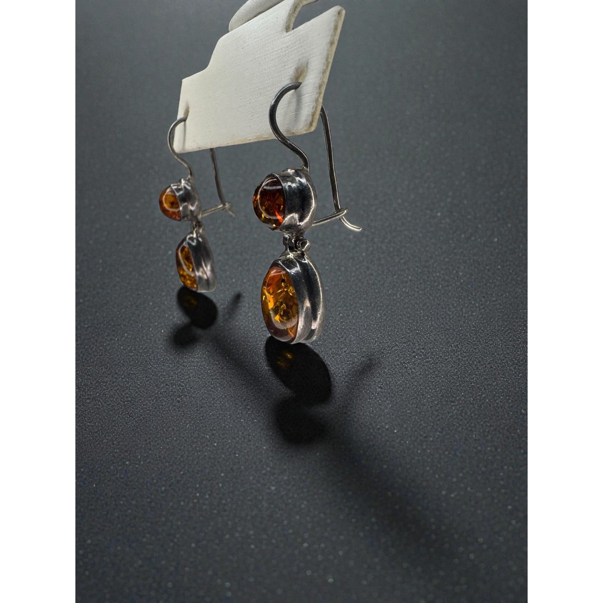 Sterling Silver Amber Double Drop Earrings Modernist Dangle Vintage Y2K 925