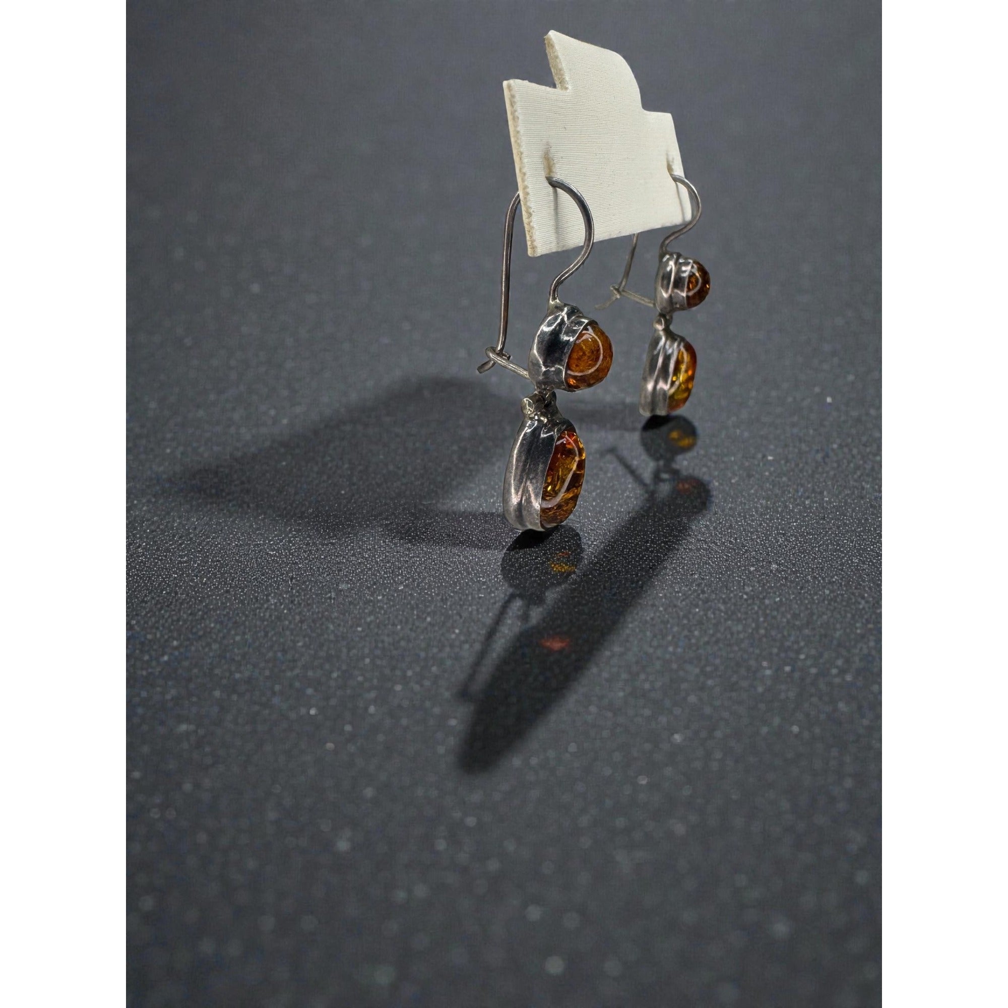 Sterling Silver Amber Double Drop Earrings Modernist Dangle Vintage Y2K 925
