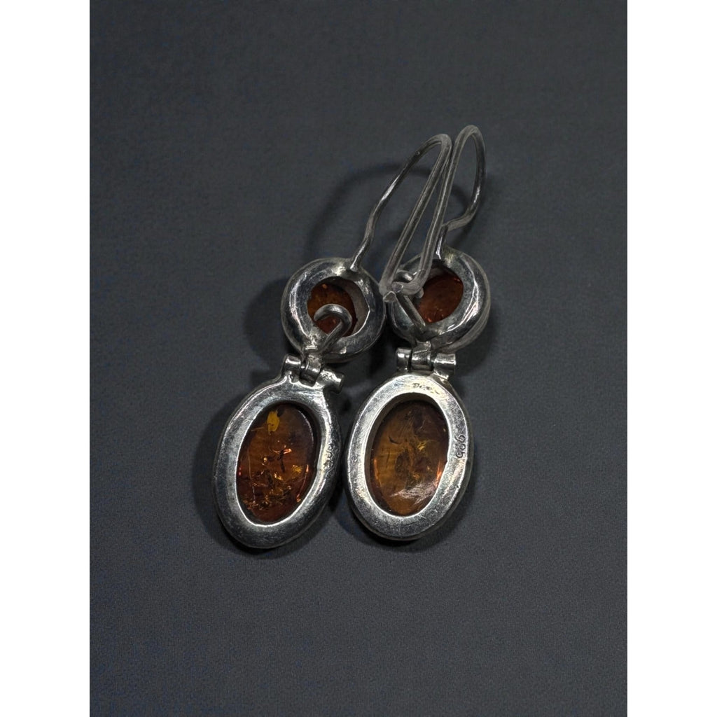 Sterling Silver Amber Double Drop Earrings Modernist Dangle Vintage Y2K 925